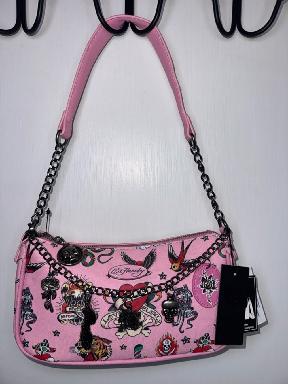 NWT Ed Hardy Pink Tattoo-Print Chain Shoulder Bag